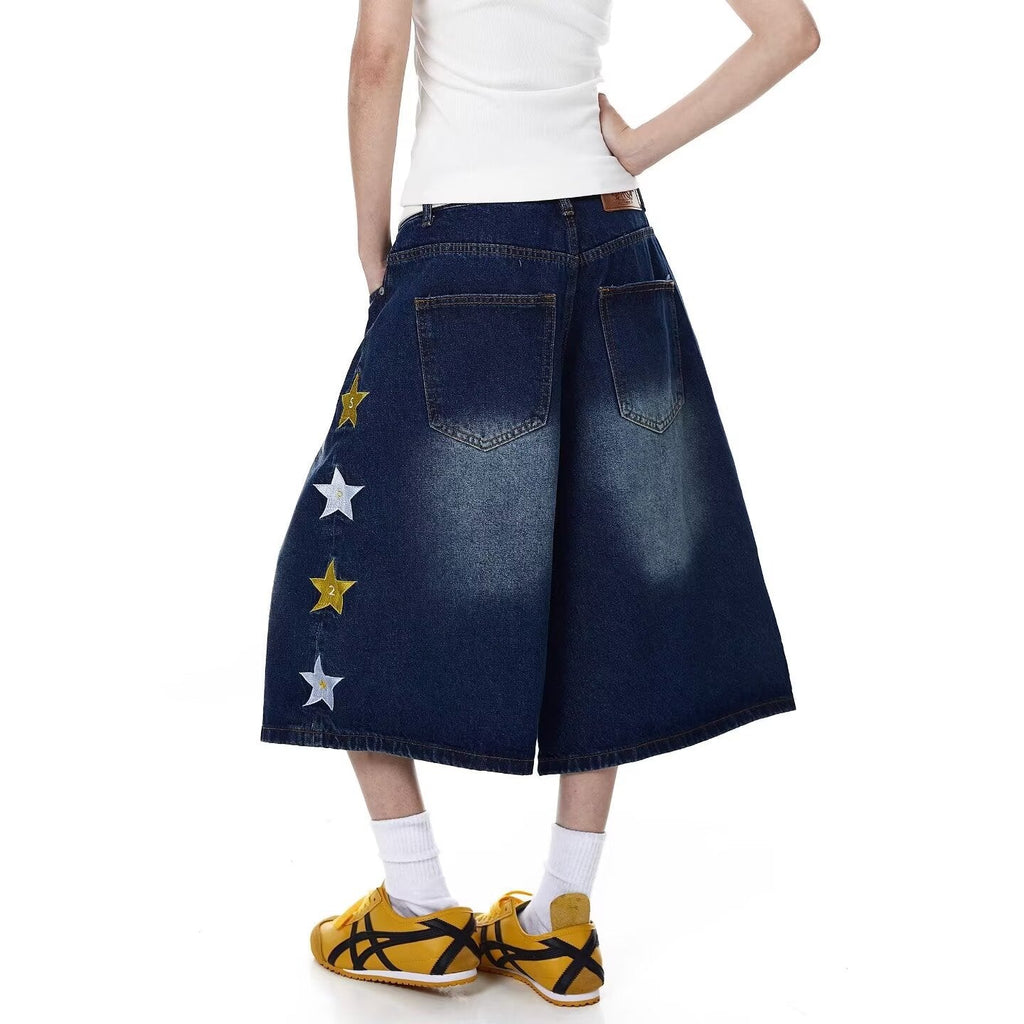 Y2K Vintage Graphic Embroidered Baggy Denim Long Shorts Streetwear