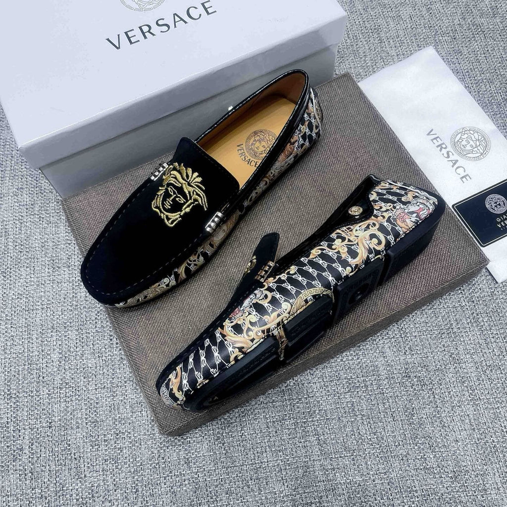 Versace Men's Black Patterned Side Loafers