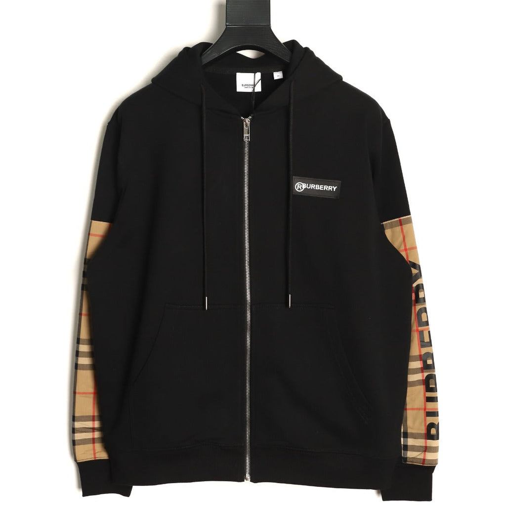 Burberry Logo-Detail Check-Panel Hooded Zip Jacket - Black